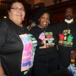 Larry and Bobbie Hill of Haverhill wore T-shirts bearing the Juneteenth logo for the celebration of the holiday at Methuen Memorial Music Hall. They attended with Shannon McIntosh (forefront) of Methuen.